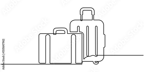 Suitcase in continuous line art drawing style. line art style vector illustration. Editable stroke vector design object for banner flyer concept. luggage bag with wheels isolated on white background.