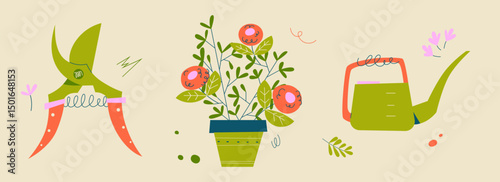Flat vector illustration of gardening tools and flower pot. Includes pruner, watering can and blooming plant. Ideal for garden care and springtime visuals