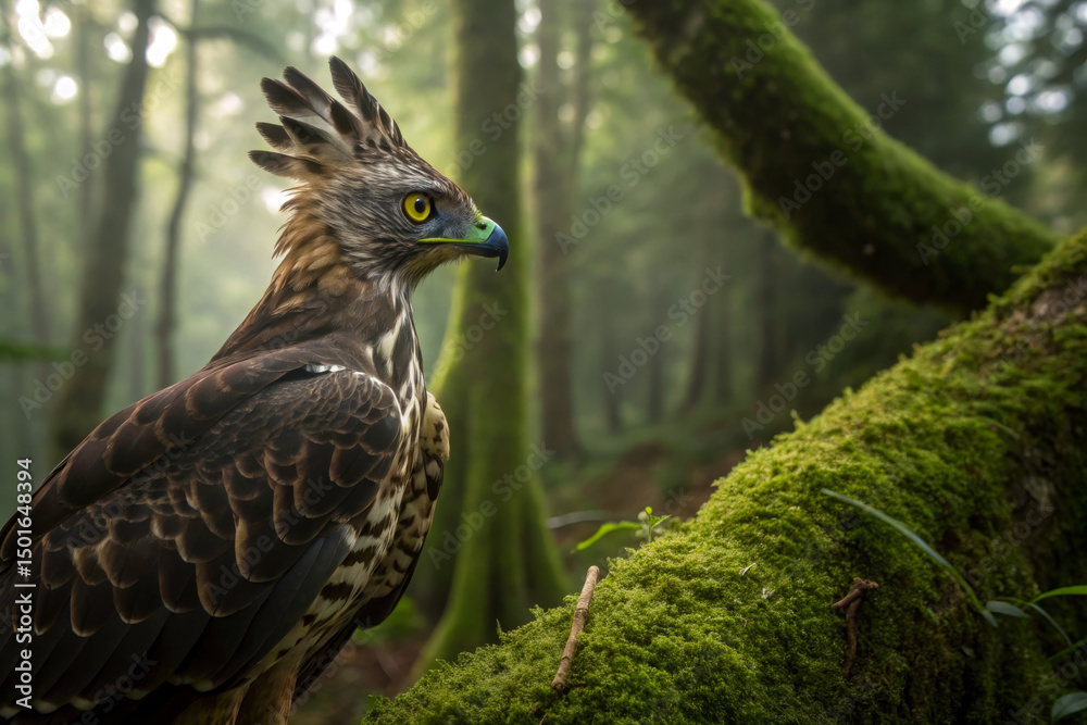Fototapeta premium Majestic Javan Hawk Perched on Mossy Tree Branch in Tropical Forest with Sharp Yellow Eyes and Detailed Brown Feather Pattern at Natural Light