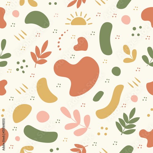 Seamless Summer Abstract Pattern with Organic Shapes and Leaves