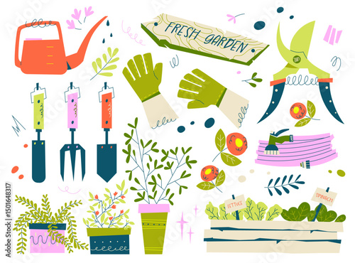 Colorful set of modern flat garden elements including tools, gloves, seedlings, and plants. Perfect for eco lifestyle, organic farming, and spring visuals