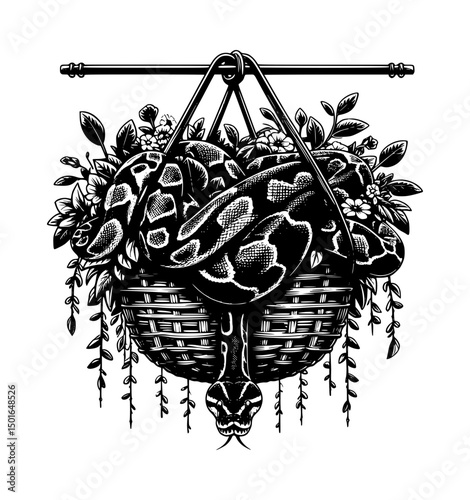 Python Snake in Basket Black White Artwork