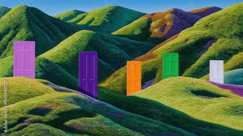 Colorful doors of opportunity nestled in a dreamy landscape representing choices options and future pathways