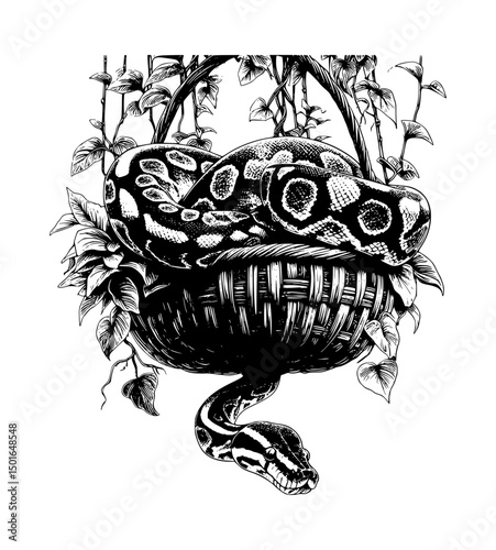 Hanging Basket with Python Snake Illustration