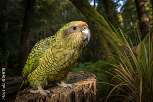 Close-Up of Rare Kakapo Parrot Perched on Tree Stump in Dense Forest, Showcasing Green Feather Pattern and Strong Beak in Natural Wildlife Habitat