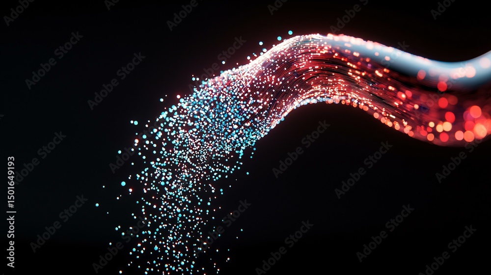 Fototapeta premium A cascading waterfall of digital symbols pouring through a tangle of fiber-optic strands, feeding into a luminous brain mesh symbolizing growth of consciousness