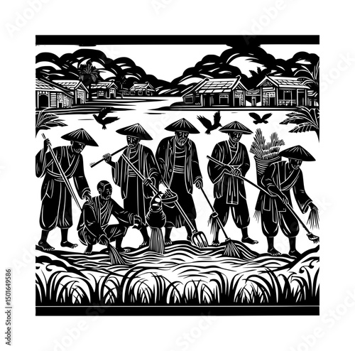 Ancient Farmers Planting Rice Mural Papercut Icon Logo Black and White Vector