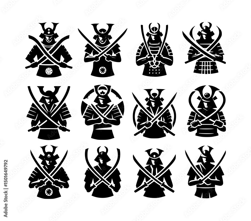 Fototapeta premium Black Silhouette Samurai Warriors Icon Logo Black and White Vector