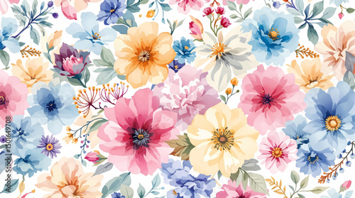 Seamless floral pattern watercolor, Colorful watercolor flowers background