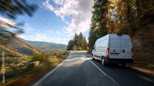 Wallpaper Mural Cargo van rushing along winding countryside road with trees and hills in the background, dynamic driving shot, clean and reliable transport service in rural area Torontodigital.ca