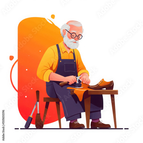 Elderly shoemaker working on shoes with tools in colorful workshop  