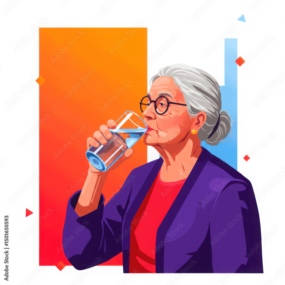 Elderly woman drinking water while enjoying a colorful background Elderly woman drinking water while enjoying a colorful background