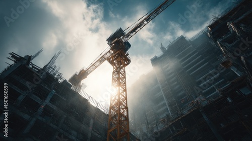 Wallpaper Mural Cinematic shot of tower crane towering over unfinished skyscraper, construction materials on ground, sunlight casting dramatic shadows, concept of architectural expansion Torontodigital.ca