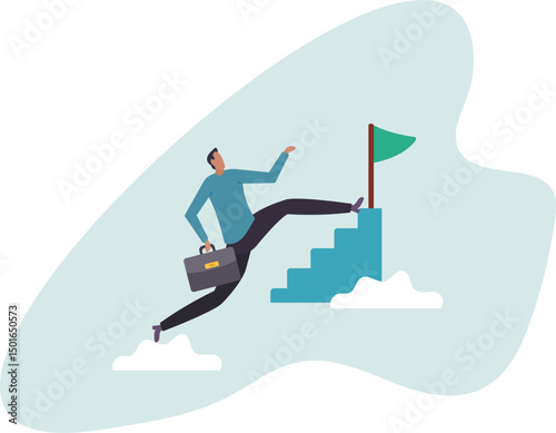 Shortcut or advancement in career development or work to achieve target, skip step to reach goal or beginner mistake by try hard way to success.character for design.