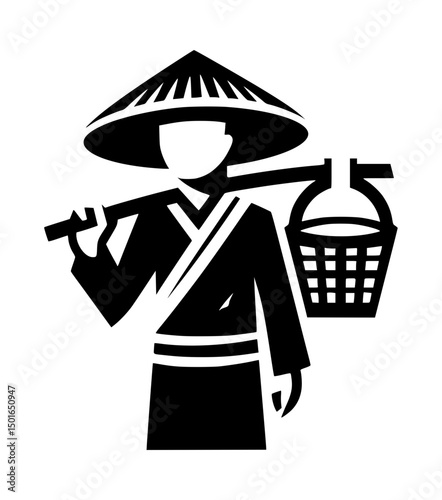 Farmer with Basket Asian Icon Logo Black and White Vector