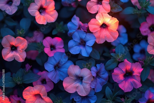 Vibrant, colorful flowers in a garden setting at dusk.