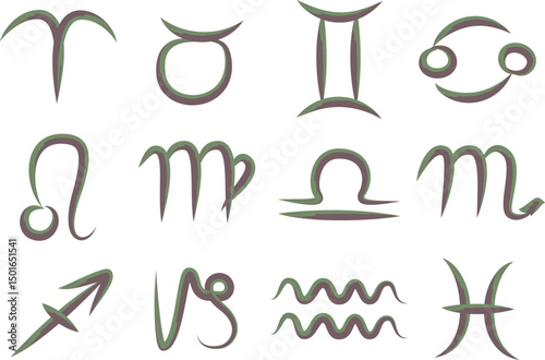 gray green colorful astrology zodiac brush stroke hand drawn signs