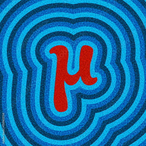 Bold Greek mu symbol with layered blue ripple effect and vintage texture. Vector illustration.