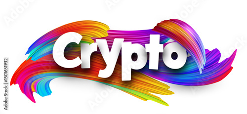 Bold Crypto lettering over colorful dynamic brush strokes, symbolizing digital finance and innovation. Vector illustration.