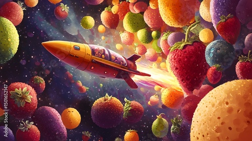 A whimsical space scene featuring a rocket ship navigating through a galaxy filled with vibrant, oversized fruits. The colorful array creates a sense of adventure and wonder in the cosmos.