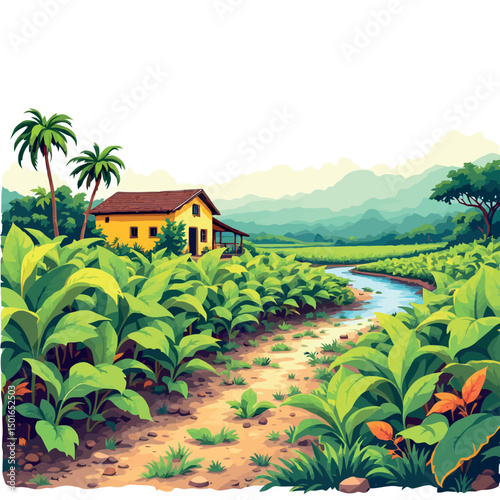 Vsai tobacco plantation with farmhouse, river, and mountains in the background