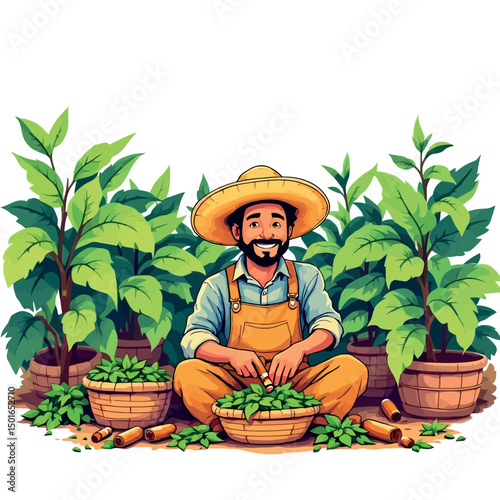 Vsai smiling farmer harvesting tobacco leaves in plantation