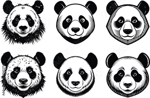 Six Unique Panda Bear Head Illustrations Black and White Designs