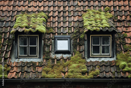 Moss-Covered Dormer Windows on Weathered Tiled Roof of an Old Building