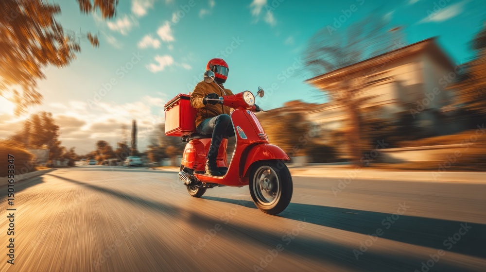 Obraz premium Dynamic shot of scooter courier with red delivery bag cruising through suburban road, clear sky and warm light, fast last-mile food delivery concept