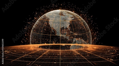 Digital grid overlay on spinning planet with active lines and dots representing global data flow and communication networks
