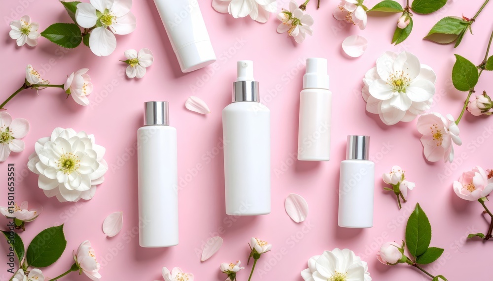 Elegant white bottles with delicate white flowers on a soft pink background, minimalist aesthetic Elegant white bottles with delicate white flowers on a soft pink background, minimalist aesthetic