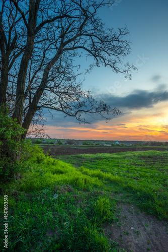 Grassy Hillside Overlooking Fields Under a Colorful Evening Sky