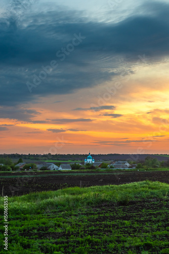 Village Landscape with Church Dome Against a Sunset Sky