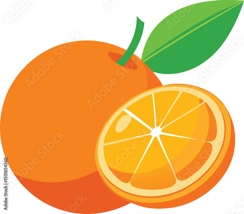 Vibrant illustration of a whole orange and a sliced segment