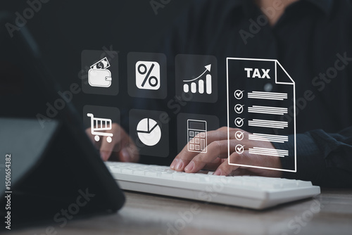 Businessman working on computer with digital tax icons, representing financial calculation, tax filing, e-commerce management, accounting, investment business finance overview with data visualization.
