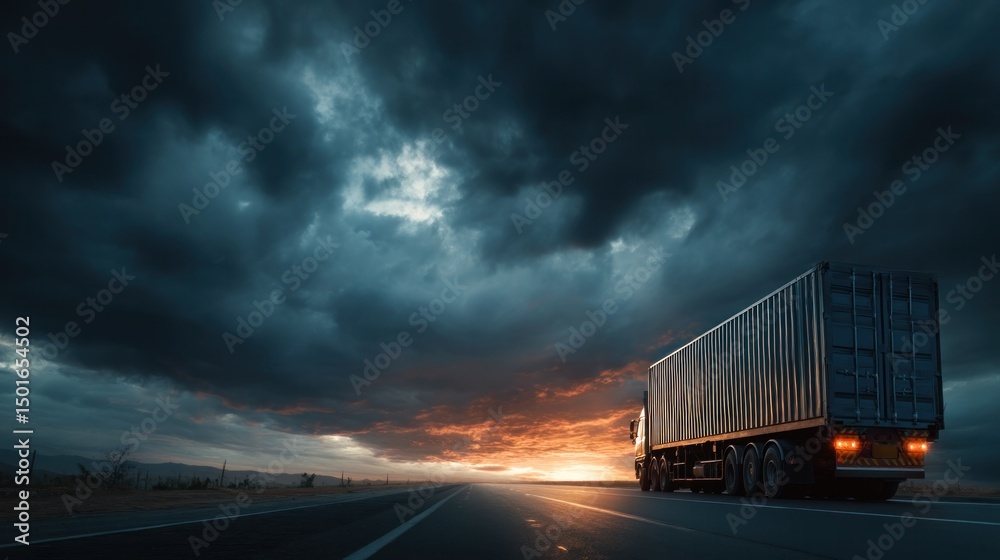 Obraz premium Front-side view of container truck under dramatic twilight sky, dark storm clouds gathering above, sunset horizon glowing, peaceful yet powerful road transportation scene