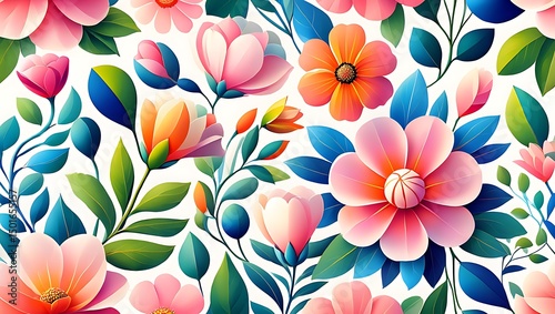 Floral background pattern seamless design with pink flowers and green leaves for textile print art