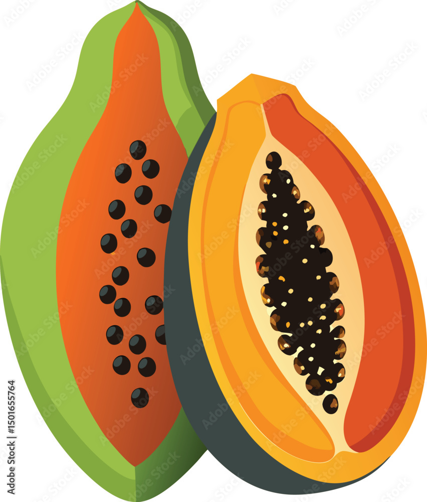 Vibrant illustration of two papaya halves showing seeds and flesh Vibrant illustration of two papaya halves showing seeds and flesh