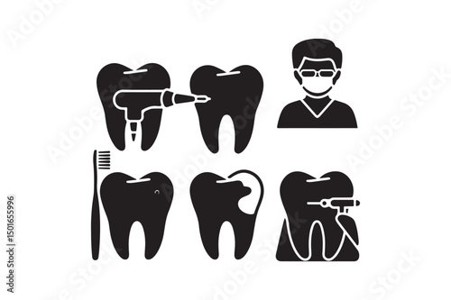 Dental Care Icons Set Tooth Treatment, Cavity, Cleaning, Dentist Tools Illustration