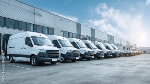 Wallpaper Mural High-resolution image of logistics vehicles parked outside warehouse, labeled for delivery, white cargo vans and trucks under clear blue sky, professional fleet concept Torontodigital.ca