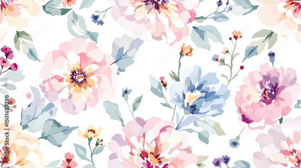 Watercolor seamless pattern with abstract bright flowers, leaves, branches. Hand drawn floral illustration isolated on white background Watercolor seamless pattern with abstract bright flowers, leaves, branches. Hand drawn floral illustration isolated on white background