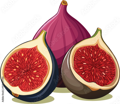 Vibrant illustration of fresh figs one whole and two halves displaying rich red interiors against a white background
