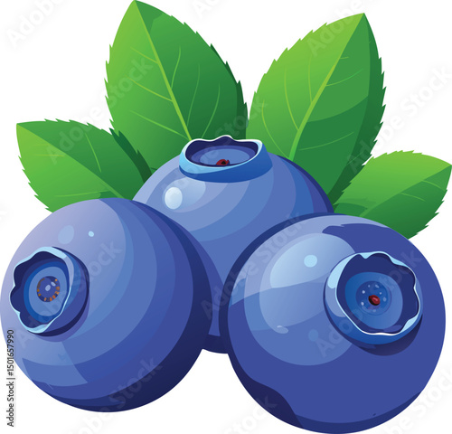 Three juicy blueberries with vibrant green leaves illustration