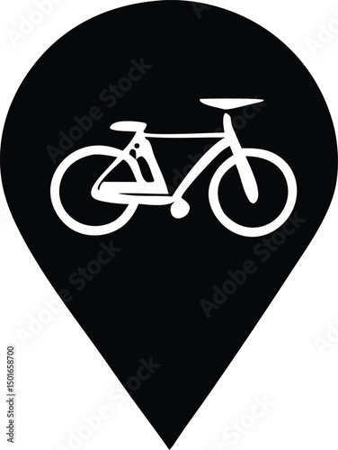 Black location pin icon featuring a white bicycle silhouette