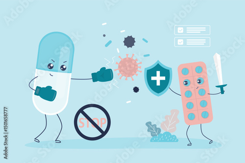 Pills and medicines defeat viruses and bacteria. Effective treatment, health protection, healthcare. Funny mascots heroes with positive faces.