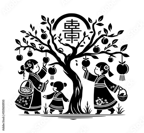 Peach Tree Longevity Chinese Style Icon Logo, Black and White Vector
