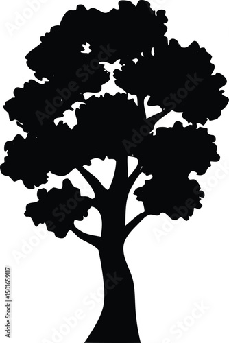 A simple black silhouette of a large deciduous tree with a thick trunk and full canopy