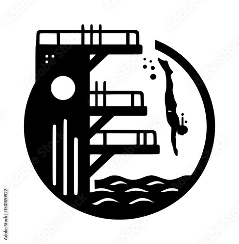 Diving Platform Silhouette Icon Logo Black and White Vector