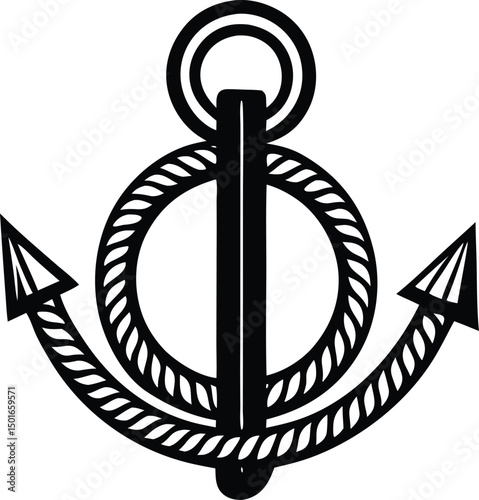 Nautical anchor illustration with rope detailing black and white graphic design