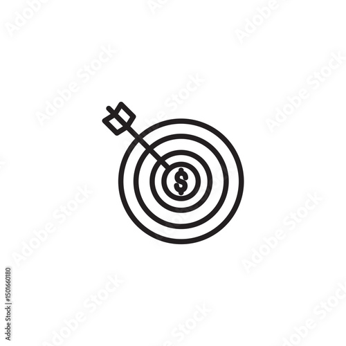 Outline icon of a dart hitting a bullseye with a dollar sign, representing financial goals, profit targeting, ROI, or successful business investment strategies.